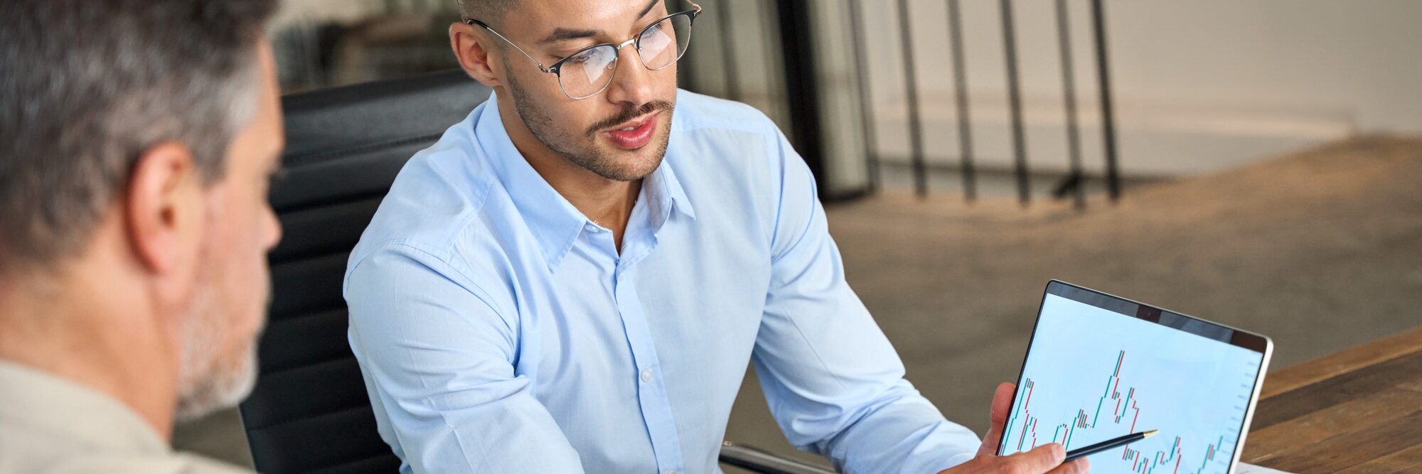 Financial advisor explaining invest stock market data consulting investor.